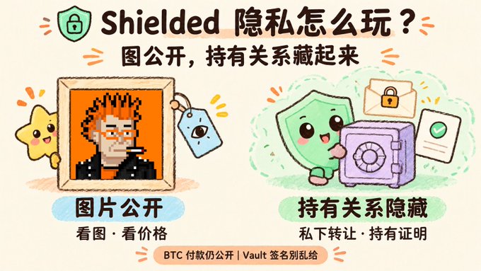 A cartoon-style infographic explains the "Shielded" privacy concept, showing a publicly viewable picture (labeled "图片公开 - 看图·看价格") alongside a green shield character guarding a locked envelope and vault icon ("持有关系隐藏 - 私下转让·持有证明"), with text noting "BTC 付款仍公开 | Vault 签名别乱给"—visually illustrating how ownership records stay private in the inscriptions privacy track referenced in the post.
