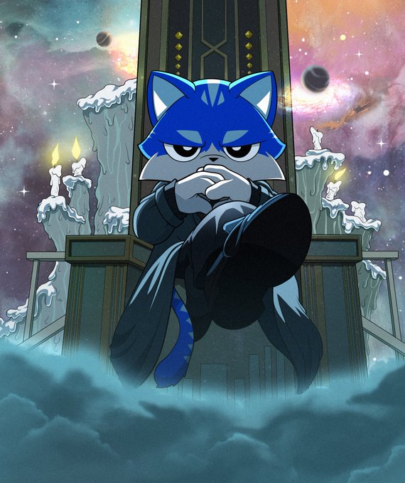 A blue anthropomorphic cat character with white gloves sits broodingly atop a throne-like structure draped in dripping candles, set against a cosmic backdrop of stars, nebulas, and distant planets. The image visually embodies the post's message "Fear has no place here," depicting a defiant figure exuding calm authority amid an ominous, otherworldly setting.
