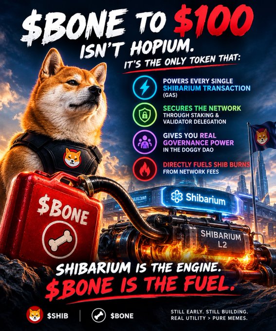 Cryptocurrency promotional graphic for $BONE token featuring a Shiba Inu dog wearing a tactical vest, with text declaring '$BONE TO $100 ISN'T HOPIUM' and listing its utilities for the Shibarium L2 network.