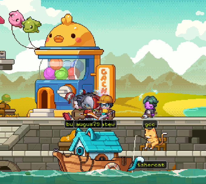 A colorful pixel-art game scene featuring characters including 'augus79 stew' and 'fishercat' standing near a gacha machine with a chick on top and a 'CASH' sign.