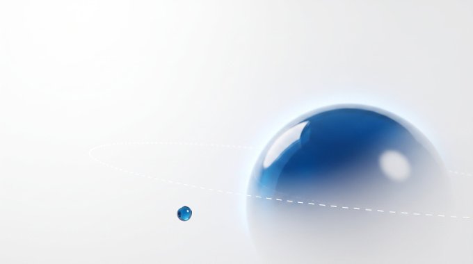 A digital illustration of a large glossy blue sphere with a smaller blue sphere orbiting it along a dashed elliptical path on a light gray background.