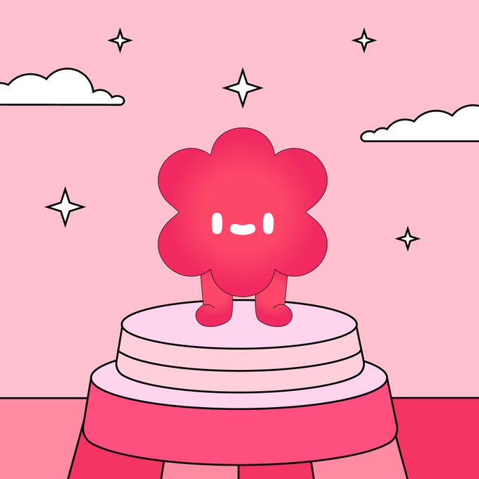 A cute, smiling red flower-like character stands on a tiered pedestal against a pink sky with clouds and sparkles, symbolizing the post's invitation to "post something worth replying to" — like this charming, eye-catching visual that's designed to stand out and attract engagement, earning rewards when others reply.