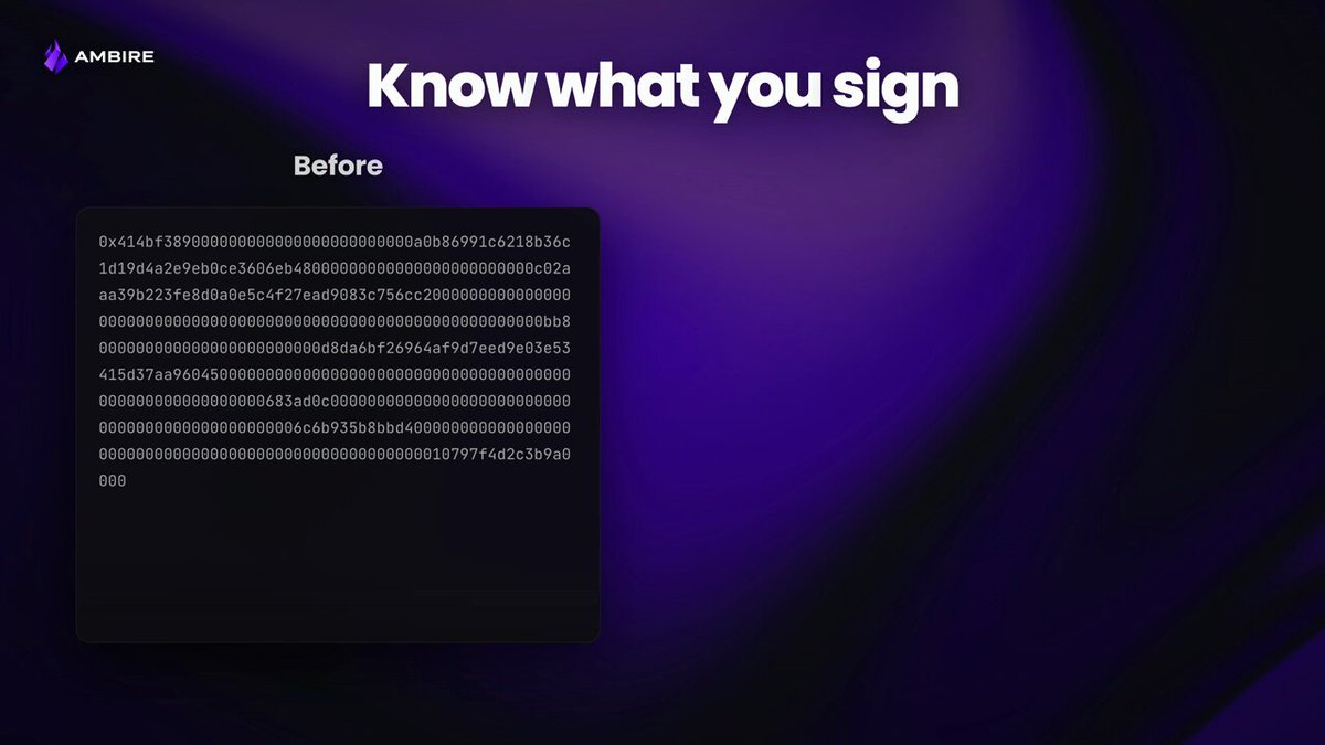 The image features a black background with text appearing from an editing software such as Adobe Illustrator or a website like Adobe Creative Cloud. The first part of the text reads "Know what you sign", followed by a description of a process, possibly related to signature approval, and ends with a link to a webpage named Ambire that explains how to know exactly what you're signing before. The focus of this image is on understanding and learning more about the digital signatures associated with the provided content.