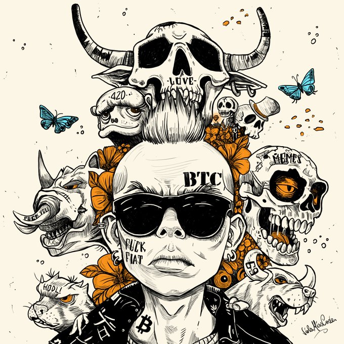 An artistic illustration of a bald man wearing sunglasses with 'BTC' on his forehead and 'FUCK FIAT' on his cheek, surrounded by skulls, animals, and butterflies in a Bitcoin-themed tattoo style.