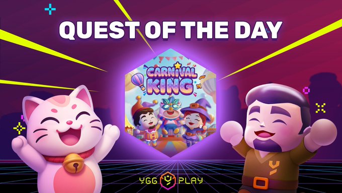 The image features a poster for a video game called "Carnival King". The poster includes two cartoon characters, one of which is wearing a cat costume. They are surrounded by various party decorations, including balloons and streamers. The text on the poster announces that there is a special event happening today called "Quest of the Day" related to the game "Carnival King". It also mentions that players can win big if they complete the quest.