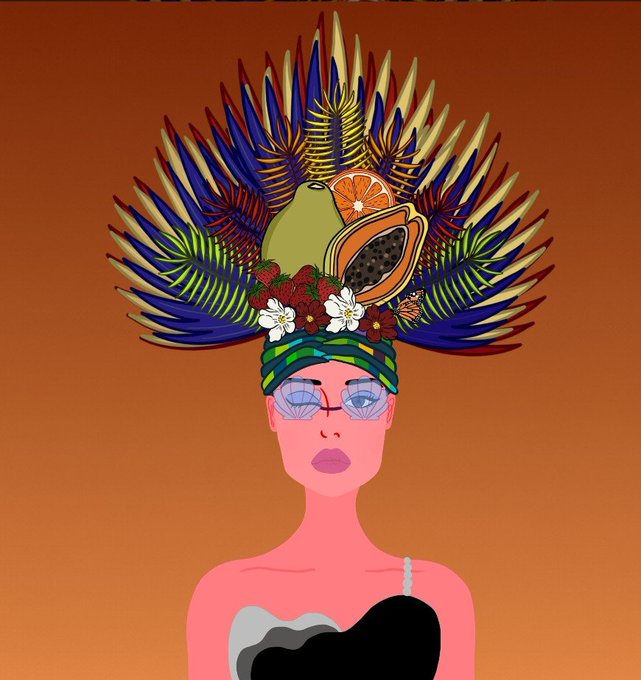 A vibrant digital illustration of a woman with pink skin wearing glasses and an elaborate, colorful headdress featuring tropical leaves, flowers, and fruit against an orange background.