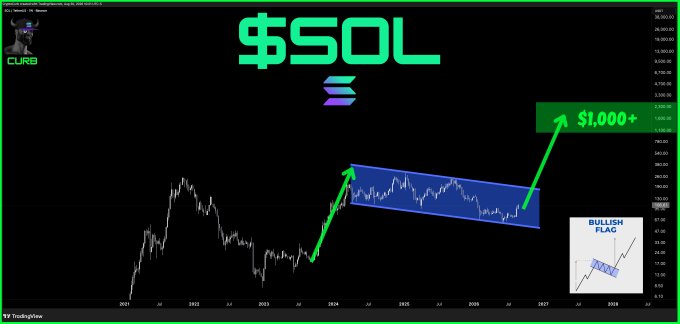 A cryptocurrency price chart for $SOL displays a bullish flag pattern with green arrows indicating a projected rise to $1,000+, labeled 'CURB' and sourced from TradingView.