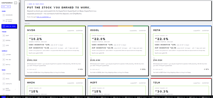 A Chipworks website displaying stock SuperEarn incentives including NVDA 18.2%, GOOGL 22.8%, META 22.8%, AMZN 15%, MSFT 15%, and TSLA 30.3%, with the header text 'PUT THE STOCK YOU EARNED TO WORK.'