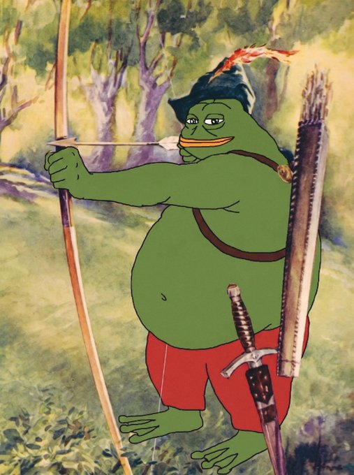 An illustration of a green Pepe the Frog character dressed as an archer, wearing a feathered cap and red shorts, holding a bow and carrying a quiver of arrows and a sword.