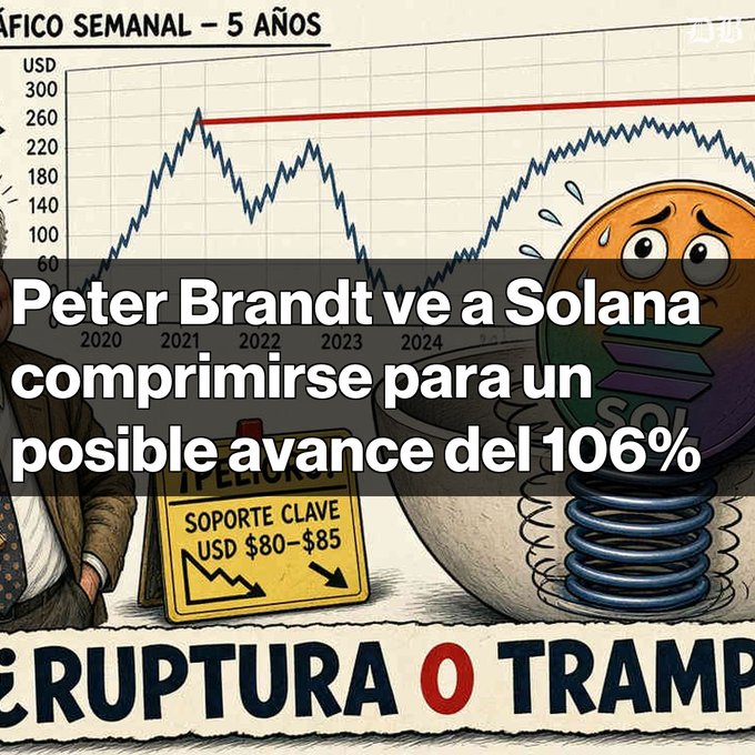 A graphic in Spanish about crypto trader Peter Brandt, with text 'Peter Brandt ve a Solana comprimirse para un posible avance del 106%' over a Solana chart showing 'SOPORTE CLAVE USD $80-$85'.