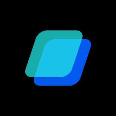 A logo featuring two overlapping rounded parallelogram shapes in teal and blue on a black background.