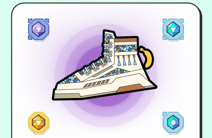 A digital collectible sneaker with mosaic-patterned panels appears on a light interface surrounded by four colored gem tokens in the corners.