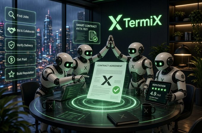 A digital illustration of three robots wearing hoodies with 'X' logos sitting around a glowing green table, celebrating a contract agreement for 'TermiX' with floating UI elements showing platform features.