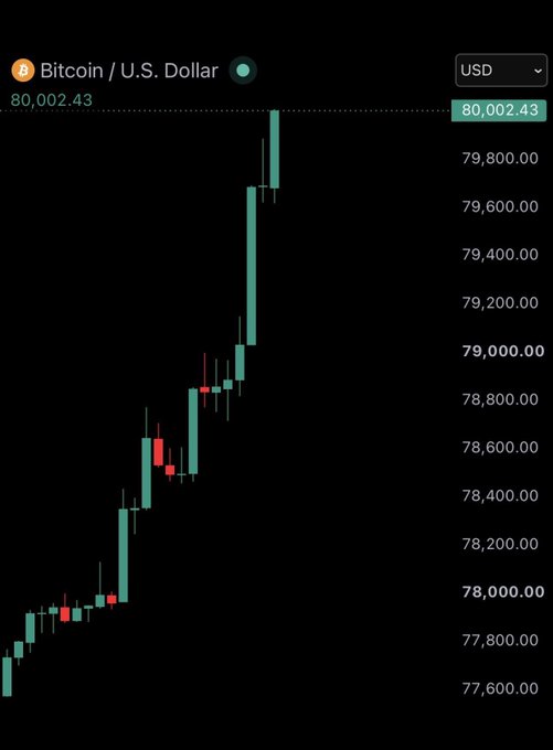 A Bitcoin/U.S. Dollar candlestick chart showing a strong upward trend, with the current price at 80,002.43.