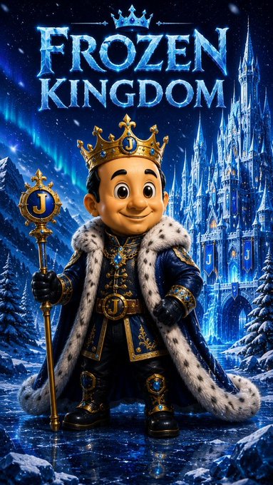 A cartoon-style poster titled 'FROZEN KINGDOM' depicts a king character wearing a crown, royal blue robes with fur trim, and holding a scepter with the letter 'J', set against a backdrop of an ice castle.