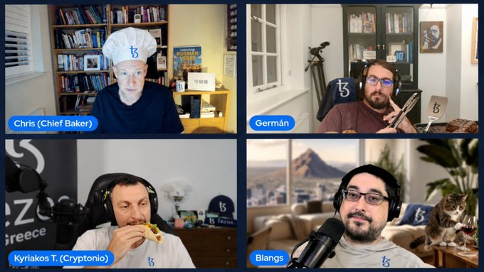 A four-panel video podcast or livestream screenshot featuring Chris (Chief Baker), Germán, Kyriakos T. (Cryptonic), and Blangs, all wearing matching 'b' logo hats/branded apparel.