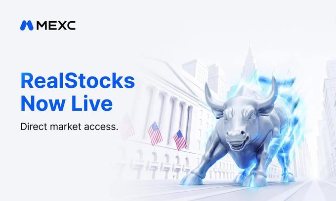 A MEXC promotional graphic announcing 'RealStocks Now Live' with 'Direct market access,' featuring a chrome Charging Bull statue in front of the New York Stock Exchange with American flags.