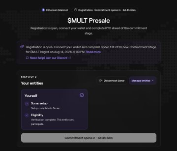 A screenshot of the $MULT Presale registration page on Ethereum Mainnet, showing Step 1 of 3 (Your entities) with options for 'Sovereign setup' and 'Eligibility', and a countdown of approximately 6 days 4 hours 33 minutes until the commitment stage.
