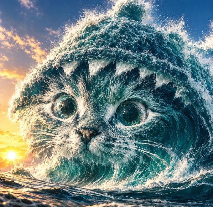 A digital illustration of a giant wave in the ocean shaped like a cat's face with large eyes, set against a sunset sky.