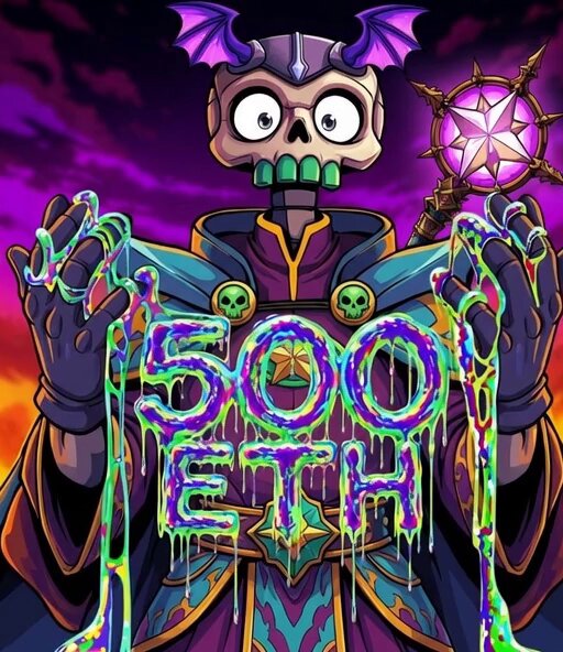 The image features a cartoon illustration of a skeleton character holding a purple liquid, which appears to be a form of Etherium or another cryptocurrency. The text "500ETH" is written above the skeleton's head, indicating that they have reached 500 etherium. The caption below the image congratulates the creator on reaching this milestone and emphasizes the importance of community support in achieving such goals.