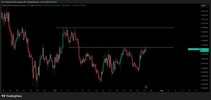 A TradingView candlestick chart of the PEPE/USDT perpetual contract from Binance on a 4-hour timeframe, showing a downward trend in price during late June and July 2025.