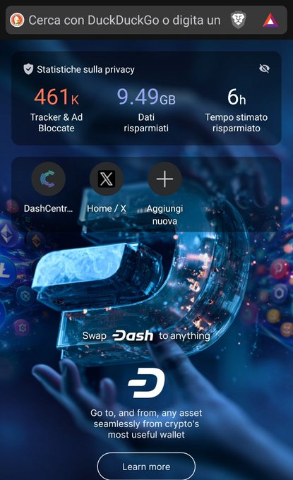 A smartphone screenshot of the DuckDuckGo browser's privacy dashboard showing 461K trackers blocked, 9.49GB of data saved, and 6 hours of time saved, with a 'Swap Dash to anything' crypto promotion.