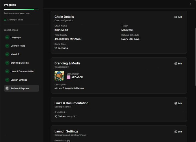 A dashboard for launching a blockchain project named "minAIweins" (MINIAWEI ticker) showing 88% completion, with a total supply of 415,360,000 tokens, 10-second block time, and 365-day halving schedule. The image relates to the post by illustrating a concrete example of a blockchain launch configuration, though the post discusses @CNPYNetwork's architectural solutions for scaling networks.