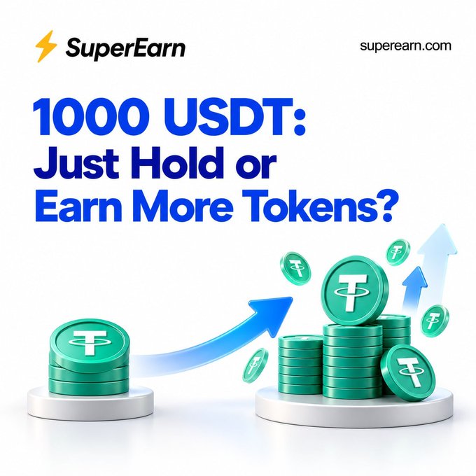 A promotional graphic for SuperEarn (superearn.com) with the headline '1000 USDT: Just Hold or Earn More Tokens?' featuring stacks of green Tether coins with upward arrows.