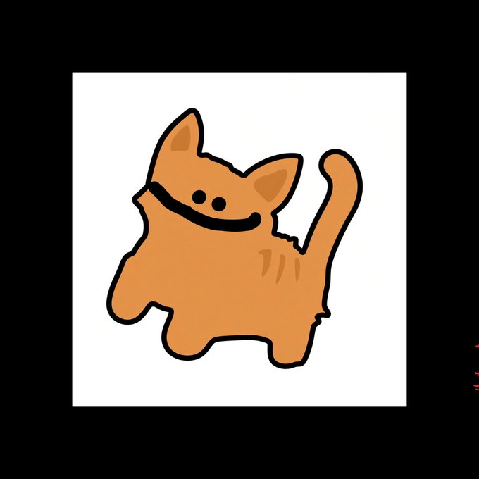 A stylized cartoon sticker shows a cute orange cat with a large smile, simple black eyes, and a raised tail against a white background.