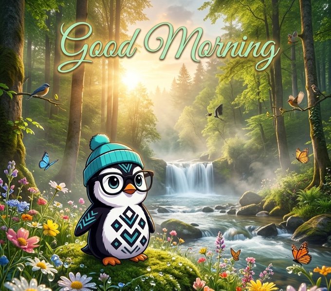 The image features a cartoon penguin wearing glasses, surrounded by an array of colorful flowers and plants. The background depicts lush trees with waterfalls cascading down, creating a serene and enchanting atmosphere reminiscent of a fairy tale or fantasy story. In the top left corner of the image, there is text that reads "Good Morning" followed by a quote that says "These deliver value. Quip proof of useful work". The poster has an artistic and whimsical design with elements such as butterflies and caterpillars, adding to its overall charm and appeal.