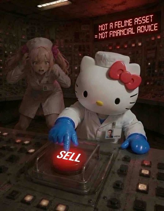 An AI-generated image showing a Hello Kitty character in a lab coat and blue gloves pressing a red 'SELL' button, while a panicked anime girl looks on behind her; a sign reads 'NOT A FELINE ASSET = NOT FINANCIAL ADVICE.'
