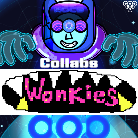 A colorful graphic features a purple alien-like character with the word 'Collabs' below it, alongside a pixelated 'WonKies' logo in pink and yellow on a black background.
