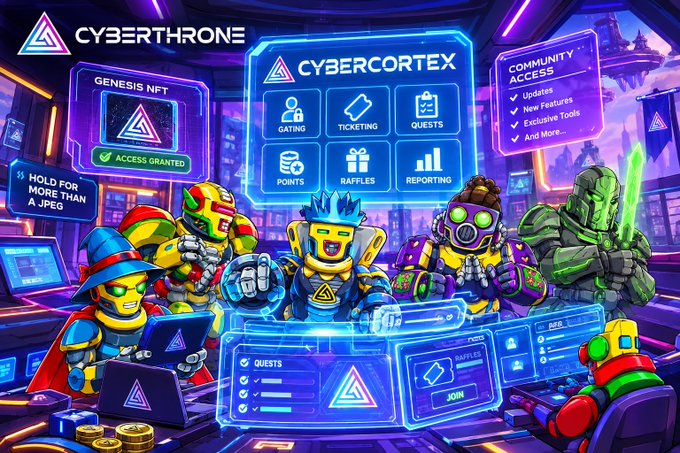 A colorful digital illustration for 'CYBERTHRONE' featuring several robotic characters in a high-tech setting, with a central 'CYBERCORTEX' menu showing icons for Gating, Ticketing, Quests, Points, Raffles, and Reporting.