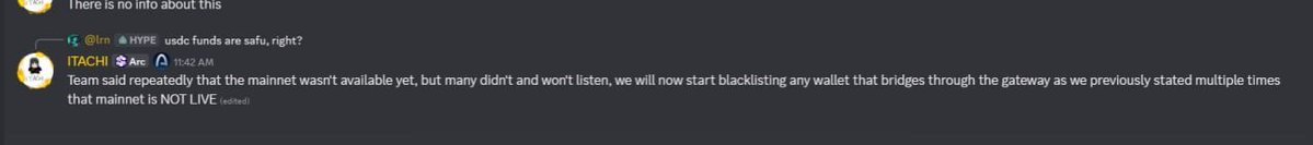 The image shows a Discord message from the ITACHI admin stating that they will blacklist any wallet that bridges through their gateway, reinforcing that "mainnet is NOT LIVE," despite an earlier user (@trn) asking if USDC funds are safe on the chain. This supports the post's claim that ARC (the ITACHI team) can freeze and blacklist wallets bridging to their chain before it has even officially launched.