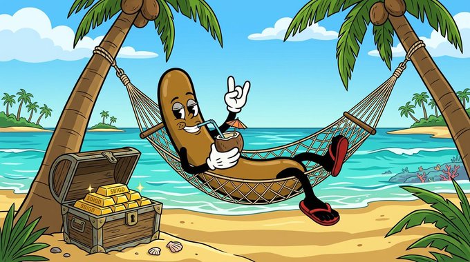 A cartoon illustration of an anthropomorphic sausage-like character wearing sunglasses, relaxing in a hammock on a tropical beach while scrolling through a smartphone, with a treasure chest full of gold beside it.