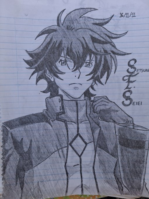 The image features a black and white drawing of a person with long hair, dressed in a jacket and hat, standing against a sheet of lined paper. The drawing includes text that reads "Setsun Eii" at the bottom right corner. The caption provided seems unrelated to the main subject matter of the drawing or the post it is associated with.
