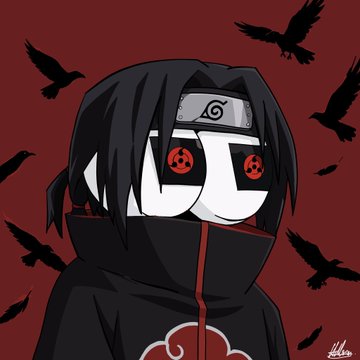 An anime-style chibi illustration of Itachi Uchiha from Naruto in his Akatsuki cloak with the red cloud pattern, featuring Sharingan eyes with a Mangekyo pattern, set against a dark red background with black crows flying.