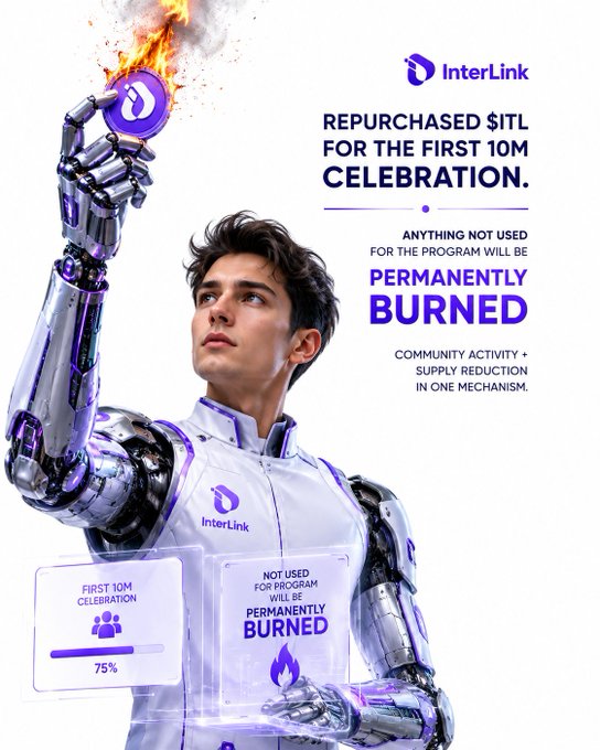 An advertisement for InterLink featuring a man in a futuristic suit holding a burning coin, with text announcing 'REPURCHASED $ITL FOR THE FIRST 10M CELEBRATION' and 'PERMANENTLY BURNED'.