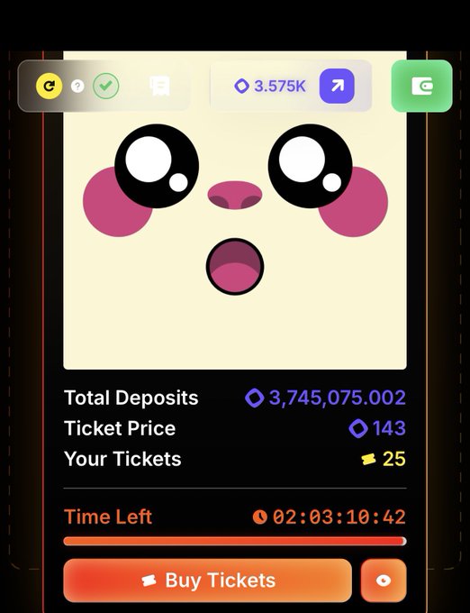 The image shows a Chog raffle interface displaying a cartoon character face with wide eyes and an open mouth, showing total deposits of 3,745,075.002, a ticket price of 143 $MON, the user's 25 tickets, and a time left of 02:03:10:42, which aligns with the post about entering the Chog raffle with 25 tickets and noticing the extended timer.
