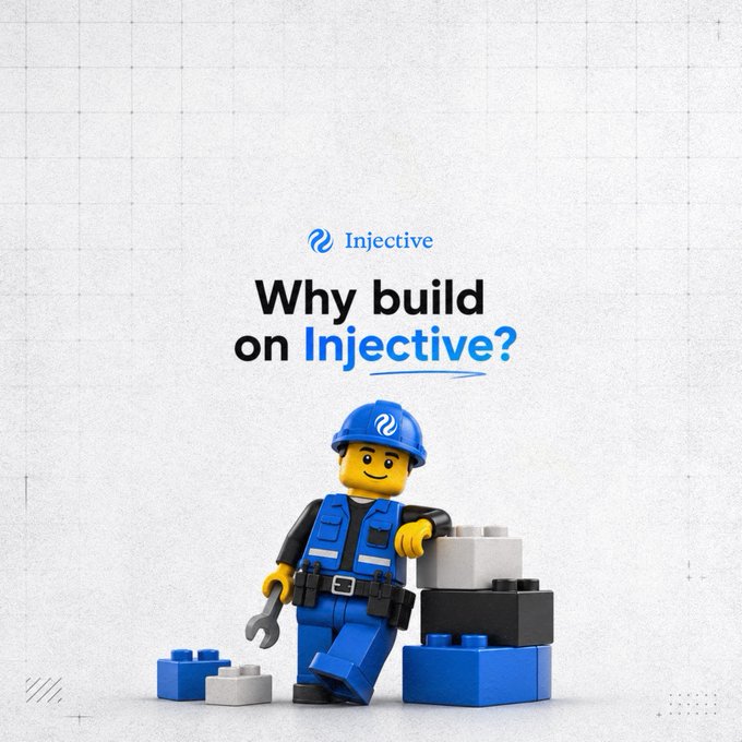 A promotional image for the blockchain platform 'Injective' asking 'Why build on Injective?' featuring a Lego construction worker minifigure.