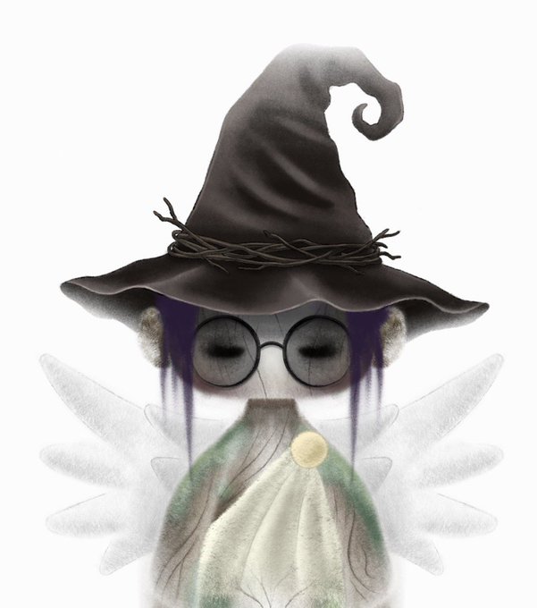 A whimsical illustration of a fairy-like figure wearing a large black witch's hat with twig detailing, round glasses, and flowing green robes, with translucent wings against a white background.