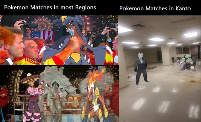 The image shows a collage of four photos related to Pokemon matches in most regions. In one photo, there are people standing around a stage with a large screen displaying an animated scene from a Pokemon match. Another photo features a man dressed in a suit holding a sign that says "Pokemon Matches in most Regions". The third photo depicts a room filled with cartoon characters and a large screen showing the same animated scene as the first photo. Lastly, there is another image of people standing around a stage with an animated scene from a Pokemon match.