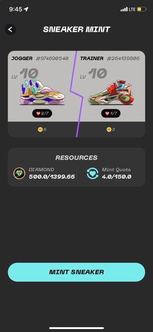 A mobile app screen titled 'SNEAKER MINT' displays a Jogger sneaker (#974690540) and Trainer sneaker (#264139806), both Level 10, with a 'RESOURCES' section showing Diamond (500.0/1399.69) and Mint Quota (4.0/15.0) above a 'MINT SNEAKER' button.
