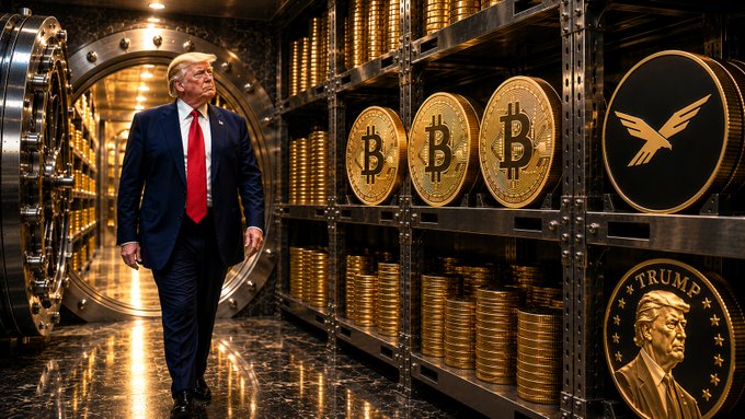 Donald Trump strides through a vault filled with gold coins bearing Bitcoin and eagle designs, alongside a shelf displaying a "TRUMP" commemorative coin. The image visually symbolizes his foray into cryptocurrency, tying into the news that Trump Media is shelving its CRO treasury initiative with Crypto.com as it refocuses on media and data operations.