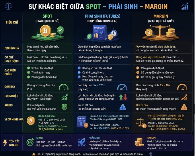 An infographic in Vietnamese titled 'SỰ KHÁC BIỆT GIỮA SPOT – PHÁI SINH – MARGIN' comparing Spot, Futures, and Margin trading across categories like definition, operation, leverage, and risks.