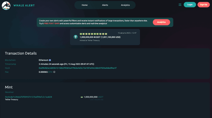Whale Alert displays a Tether Treasury transaction of 1,000,000,000 USDT minted on the Ethereum blockchain, recorded on 15 Aug 2025.