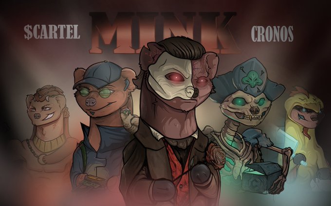 A digital illustration for an NFT collection titled '$CARTEL MINK CRONOS' featuring five anthropomorphic ferret characters with mafia-style aesthetics and varied appearances.