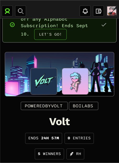 A mobile app screen shows a promotional giveaway for 'Volt' ending in 24h 57m with 0 entries and 5 winners, featuring a 'VOLT' logo and a cartoon character against a neon city background.
