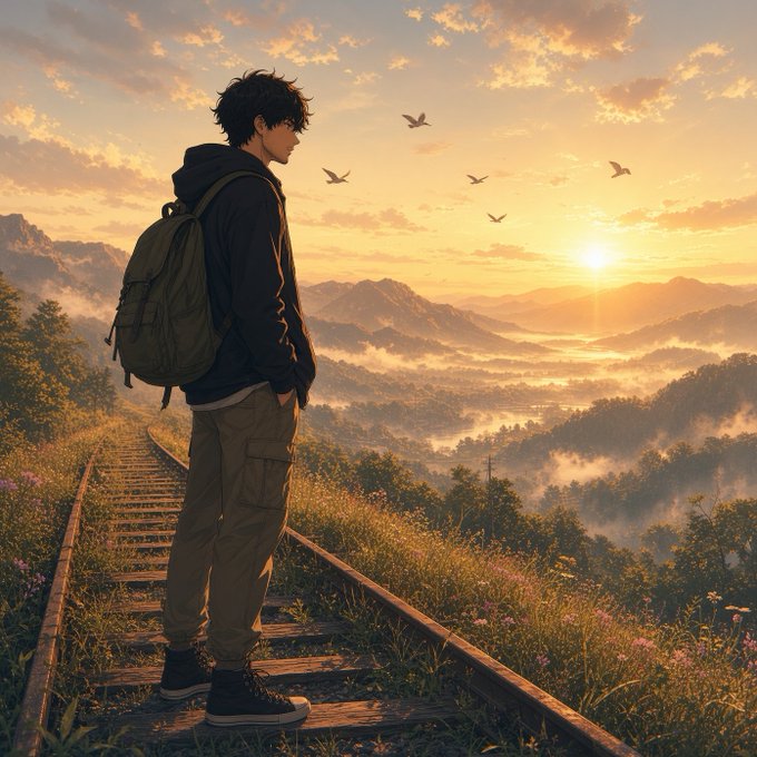 An anime-style illustration depicts a young man with a backpack standing on train tracks overlooking a misty mountain valley at sunset.