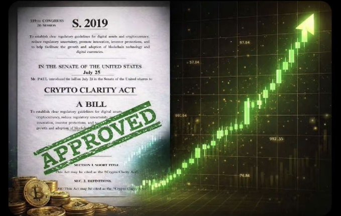 The image shows a U.S. Senate bill labeled "S. 2019 — Crypto Clarity Act" stamped "APPROVED" in green, alongside a glowing green cryptocurrency price chart trending sharply upward, with Bitcoin coins in the corner. This visually reinforces the post's claim that approval of the Clarity Act would trigger a massive bullish rally for XRP and other cryptocurrencies, encouraging holders to move assets off centralized exchanges in anticipation of the resulting capital influx.